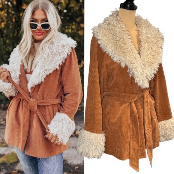 Penny Lane Coat Sz.L Tan Corduroy Faux Fur Belted Pockets Boho Western Hippie - Picture 1 of 13